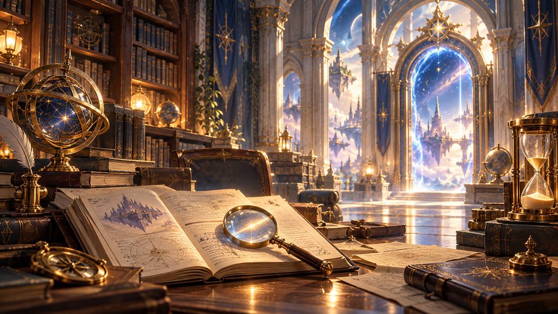 J博土的奇幻時空書房：翻開的故事案卷、放大鏡、古老星盤與遠處發光的時空傳送門